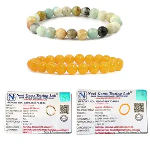 Gemaltic 8mm Natural Healing Crystal Lab Certified Bracelet Pack of 2 (Amazonite & Yellow Sapphire)