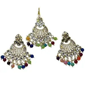 SS Multicolour Silver Plated Chandbali Tikli Earrings – Antique Look Indian Festive Jewellery, Traditional Navratri Jewellery with Mang Tikka, Elegant Earrings for Weddings & Celebrations