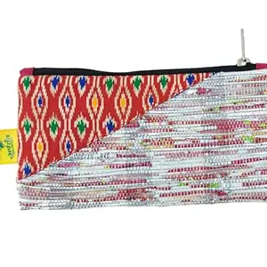 Aparant Upcycled and Handmade Hand Pouch Fancy | Multicolor: Pink & Silver, Red Corner | Handcrafted Using Fabric | Zip Closure Hand Pouch for Office and School | Spacious to Keep Smartphone and Money.