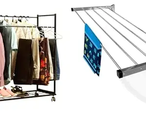 CONCEPT & SOLUTIONS- Heavy Duty Cloth Hanger Rack with Wheel |Black |38x102x112 CM and 5 Pipes x 5 Feet - Foldable Wall Mounted Cloth Dryer/Clothes Stand (4 Pipes, 3 feet) Combo Pack|CS-168