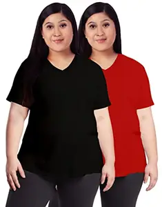 OPLU Women's Plus Size T-Shirt Pack of 2 with Black and Red V Neck Half Sleeve Plain Combo Pootlu Tshirts.(Pooplu_Multicolored_X-Large)