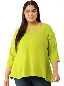 theRebelinme Plus Size Women's Green Solid Color Neck Cut Out Detail Woven Top(XL)