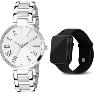 Design Stainless Steel Strap Analog Watch and Rubber Strap Digital Watch Free for Girls and Women(SR-418) AT-4181(Pack of-2)