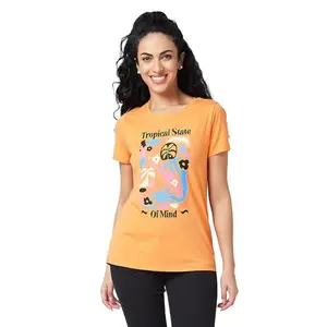 Spykar Round Neck Half Sleeves Orange T-Shirt for Women (Size: L)-WKTBC1BD057