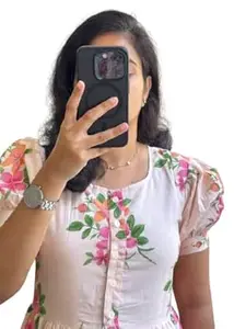 MUSANIYAA Women’s Rayon Floral Printed Midi Dress – Cotton A-Line Casual Dress with Short Puff Sleeves & Button Front
