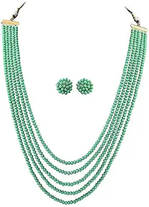 Resho Fashion Cube - Semi Precious Gemstone Crystal Beads 5 Layer Necklace with Stud Earring Strand Green Colour 16" Mala for Girl and Women Fashion Jewellery