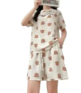 Women Cute Printed 2 Piece Outfit Short Sleeve Top and Shorts Tracksuit Lounge Set (BROWN BEAR, M)