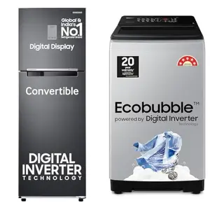 Samsung 256 L, 3 Star, Convertible, Digital Inverter with Display Frost Free Double Door Refrigerat, 8 kg, 5 star, Eco Bubble Tech, Digital Inverter Motor, Soft Closing Door, Fully-Automatic T