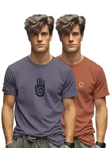 BULLMER Trendy Printed Cotton Blend Crew Neck/Round Neck Half Sleeve Tshirt for Men- Pack of 2