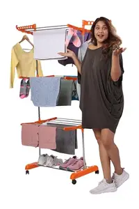 TNC;WORLD OF MODERN UTILITY PRODUCTS TNC Foldable 1-Stand 3-Tier Stainless Steel Cloth Drying Rack with Wheels & Hanger Slots – Orange | Portable Clothes Dryer for Indoor & Outdoor Use