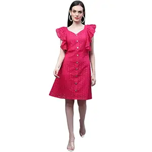 MARC LOUIS Flutter Sleeve Ruffled Fit & Flare Schiffli Dress ML 2669 Pink - XL