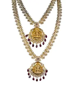 Navrang Designs One Gram Gold Plated Bridal Temple Jewelry Set with Lakshmi Pendant – Long Haar, Short Haar & Earrings for Women