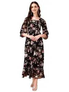 Zasica Black Color Georgette Floral Printed 3/4th Sleeves Midi Dress for Women (XXL, Black)