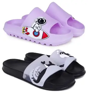 Pampy Angel Combo Pack of 2 Slipper/Flip Flops/Slides for Women,(Tato-Spac-Purple,Dolphin-Black),40 (Euro)