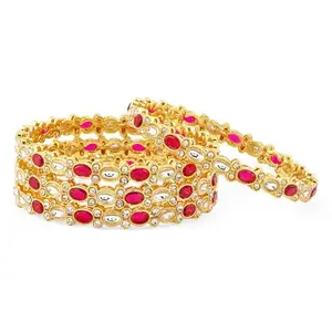 Rubans Set of 4 18K Gold-Plated Ruby Pink & White Kundan Studded Bangles with Cubic Zirconia Accents for Women & Girls – Perfect for Bridal Wear Festive Styling & Traditional Celebrations