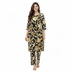 Thisha Women Floral Printed Kurta Pant Set | Cotton Blend Kurta Co-Ord Set | Round Neck 3/4 Sleeve Straight Kurti with Pants
