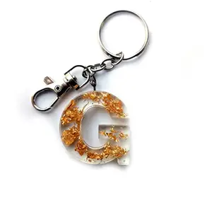 G Letter/Alphabets Handmade Resin Keychain by LFF by Soniya Themed in Dried Natural Flowers/Glitters/Stones/Gold-Silver-Copper Flakes Filled for Men and Women - Letter "G" (Design#4)