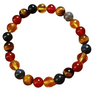 RRJEWELZ 8mm Natural Gemstone Citrine, Moss Agate, Carnelian & Tigers Eye Round shape Smooth cut beads 7.5 inch stretchable bracelet for men. | STBR_RR_M_02846