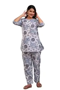 PRIMVO Women's Night Dress Printed Soft Cotton Night Suit for Women Nightwear Loungewear for Women(White -Blue,Medium)