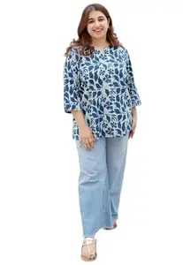 Women's Plus Size Floral Print Top, 3/4 Sleeve, Kurti Blue and White, Casual Wear 1078 (in, Alpha, XL, Plus Size, White-Blue_1078)