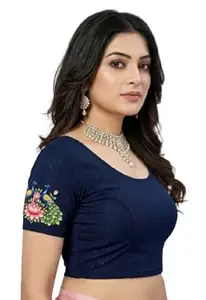PAARTH ENTERPRISE Women Cotton Blend Peacock Print Readymade Saree Blouse Round Neck Short Sleeve Party