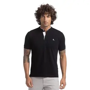 Parx Men's Regular Fit Solid Pattern Cotton Blend Half Sleeve Henley Neck Casual T-Shirt (Size: 42)-XMKY06001-K8 Black