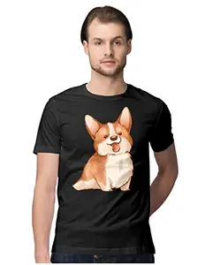 ALLEN BLACK Men's Regular Fit T-Shirt Cute Corgi in Watercolour - Hand Drawn 100% Cotton T-Shirt Black_HNMNORWR-Black XL Men Round_