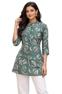 Orriva Womens Pure Rayon 3/4 Sleeves Collar Neck Short Straight Kurti Featuring Tie Dye Floral Printed Design Breathable Fabric