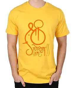 Caseria Men's Round Neck Cotton Half Sleeved T-Shirt with Printed Graphics - Shree Ganesha (Yellow, L)