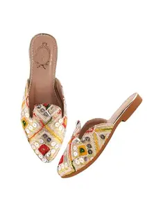 Shoetopia Women's Multicolor Embroidered Traditional Slip-On Mules – Ethnic Jutti Style Flats with Mirror Work, Gold Base
