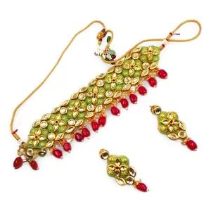 KAAJBUTTON Gold Plated Mint Green Kundan Choker Necklace With Pair Of Earrings Studded With Marron Beads
