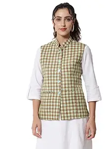 Vastraa Fusion Women's Cotton-Blended Handloom Quality Indian Traditional Nehru Jacket/Waistcoat (TS1476D_Green-Clock Check_L)