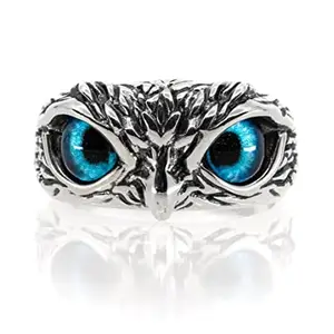 Silver Color Funky Stylish Trending Stainless Steel Adjustable/Openable Creative Crystal Glasses Blue Demon Eyes Owl/Ullu Bird Face Design Thumb Finger Ring For Good Luck And Wisdom