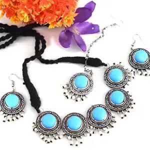 Blue Saphire Traditional Earring with Necklace Set Silver Alloy and Fusion Stud Earrings for Women & Girls, (Silver, Blue)