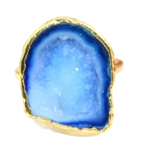 KHN Fashion Natural Light Blue Geode Druzy Gold Electroplated Adjustable Ring For Her