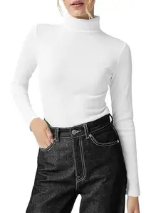 THE BLAZZE Women's Cotton Stylish Western Basic Solid Wear high Neck with Full/Long Sleeve Crop Top for Women L713 1035 (M, WHT)