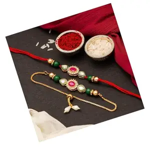 Rakhi Set for Brother – Couple Rakhi Combo for Bhaiya Bhabhi with Roli, Chawal | Brother and Bhabhi | Traditional Gift Pack (Design-5)