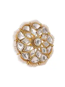 OOMPH Jewellery Gold Kundan Jadau Ring - Ethnic Floral Design Adjustable Free Size for Women & Girls Stylish Latest (RSA7_AMR1)