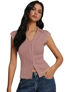 GRECIILOOKS Korean Tees for Women | Tops for Woman Wine | Collared Casual Summer Tops for Women Western | Knitted Top Button-Up Short Sleeve Crop Top |Summer Stylish Texture Korean Knit Tee