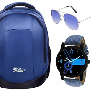 BLUBAGS Fabric 34 LTR NAVY Blue Laptop Bag+Analogue Blue DIAL Watch+Aviator Blue Free