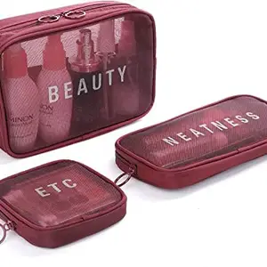 QUIRKMALL Transparent Mesh Toiletry Bag Set, Cosmetic Pouch, Multi-Functional Travel Pouch, Toiletry Storage Bag (Set of 3) (Red)