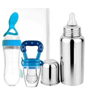 KINDAR CARE Silicone Baby Spoon Feeder Feeding Bottle (90ml, Ideal for 4 Months+ Babies) | Stainless Steel Milk Bottle (250 ML) & Food/Fruit Feeder/Nibbler (Set of 3 Items),KINCARE10