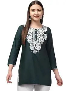 ND & R Women's Rayon Embroidered Neck, Short Kurti - Stylish Ethnic Top, Ideal for Summer & Casual Outfits