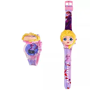 Time Up Digital Dial Music Play & Glowing Light Cartoon Cap Cover Watch for Girls (Age:3-10 Years)-LMW-XFwater (Frozen-Pink)