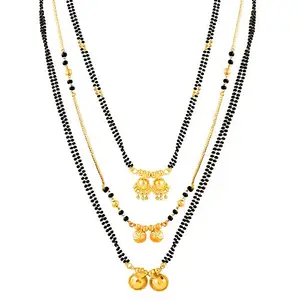 MEENAZ Combo Traditional Wedding Temple One Gram Gold Meenakari Copper Brass Wati Mangal sutra Pendant Tanmaniya Black Beads Simple Long Short Mangalsutra Combo Set For Women girls chain -MC-M38