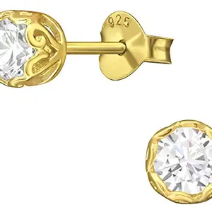 Via Mazzini 92.5-925 Sterling Silver Gold Plated 4mm Crystal Stud Earrings for Women And Girls Pure Silver (ER0189)