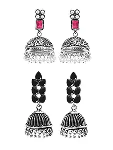 Yellow Chimes Oxidised Earrings for Women 2 Pairs Silver Oxidised Black Pink Traditional Jhumka Earrings combo for Women and Girls.