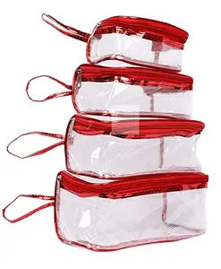 STACKRAID Set of 4 Multipurpose Transparent Travel Pouch Makeup Toiletry Kit Bag Cosmetic Pouch for Women Makeup Organizer Bag Plastic Box Vanity Shaving Kit Toiletry Bag for Men(Color-RED)