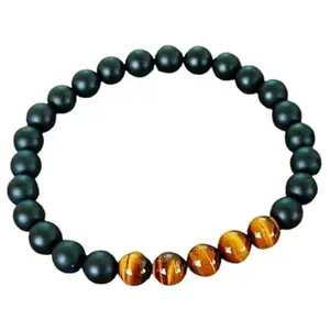 RRJEWELZ 8mm Natural Gemstone Black Onyx & Tigers Eye Round shape Smooth cut beads 7.5 inch stretchable bracelet for men & women. | STBR_RR_03577