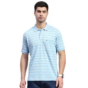 Monte Carlo Mens Blue Printed Polo Collar Half Sleeve Regular Fit T-Shirt (224064277-1-38)